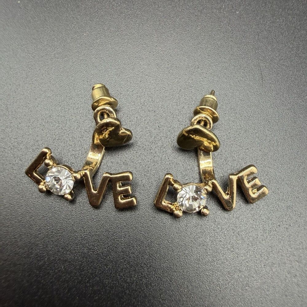 Gold Love Letter Stud Earrings Rhinestone Crystal Word Drop Ear Jacket Statement
